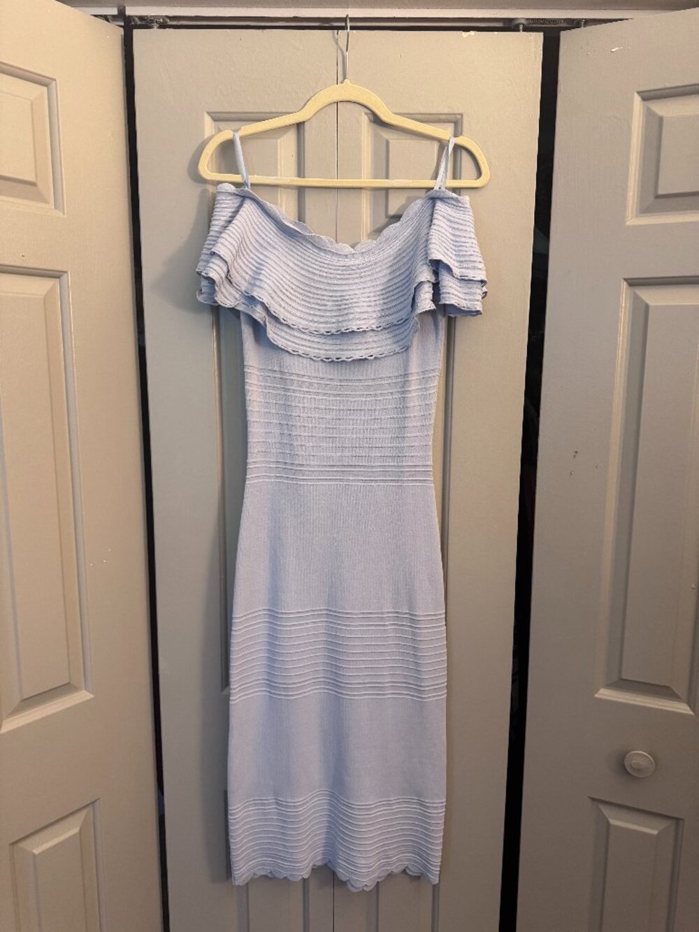 Eliza J Baby Blue Ribbed Off Shoulder Midi Dress